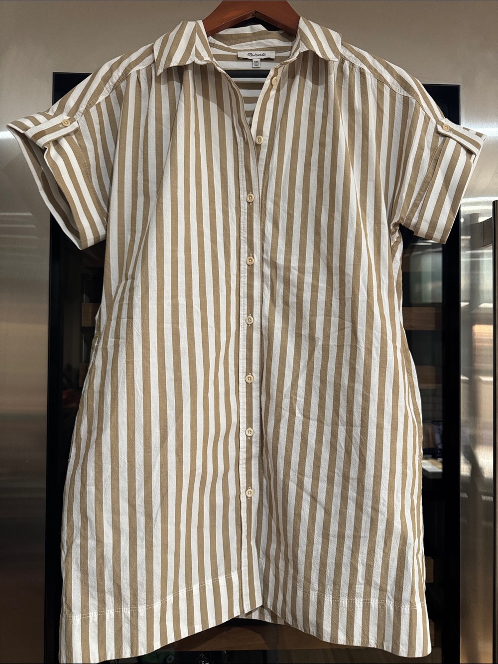 Madewell Striped Button Front Shirt Dress XXS Tan White Cotton - Picture 2 of 5